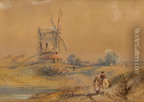 Figures On Path Before A Windmill Oil Painting - James Duffield Harding