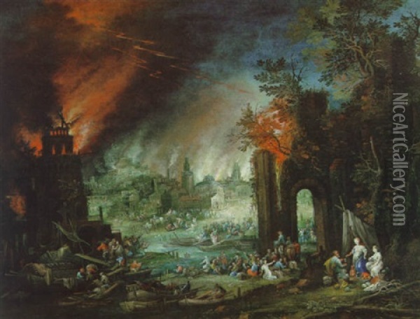 Landschaft Mit Lot Und Seinen Tochtern, Im Hintergrund Das Brennende Sodom, Allegorie Des Feuers Oil Painting - Johannes Jakob Hartmann