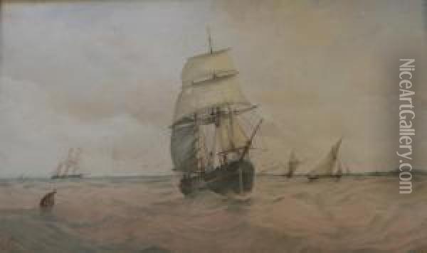 Sailing Vessels In Coastal Waters Oil Painting - Albert Ernest Markes