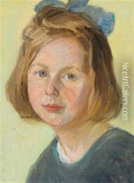 Portrait Of A Little Girl With A Blue Bow In Her Hair Oil Painting - Anna Kirstine Ancher