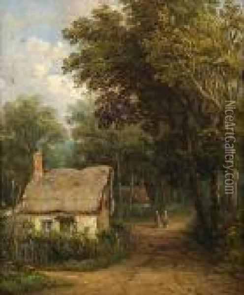 Figures On A Path By A Woodland Cottage Oil Painting - John Moore Of Ipswich