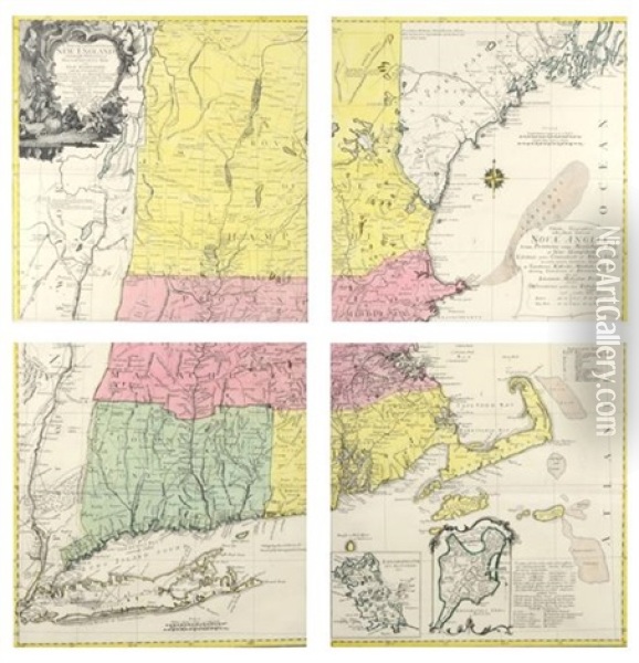 A Map Of The Most Inhabited Parts Of New England (4 Works) Oil Painting - Johann Michael Probst