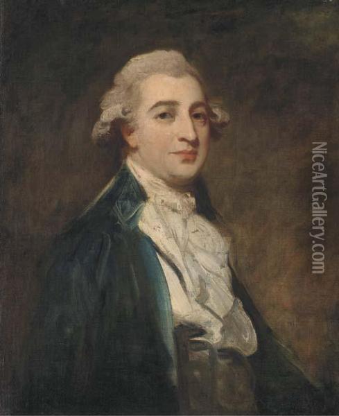 Portrait Of A Gentleman, Bust-length, In A Blue Jacket And Whitecravat Oil Painting - George Romney