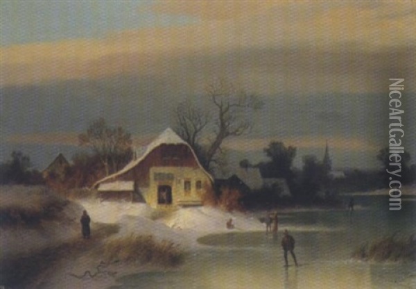Winterlandschaft Mit Bauernhausern Am Flusufer Oil Painting - Eduard Peithner Ritter von Lichtenfels