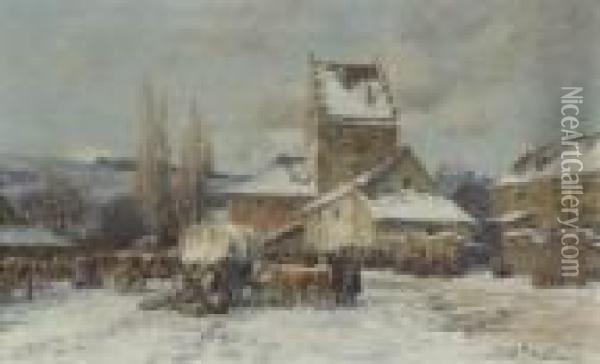 Winterlicher Bauernmarkt. Oil Painting - Karl Stuhlmuller