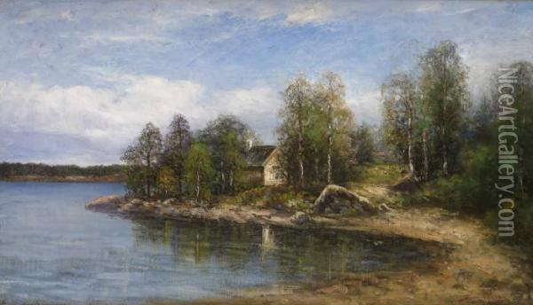 Fiskestuga Vid Sjon Glottran, Kolmarden Oil Painting - Severin Nilson