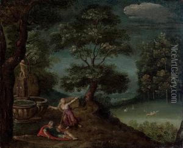 A Wooded Landscape With Pyramus And Thisbe Oil Painting - Christoffel van den Berghe