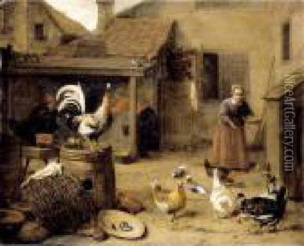 A Court With A Maid Feeding Hens And A Cockerel Perched Upon A Wooden Barrel Oil Painting - Hendrick Maertensz. Sorch (see Sorgh)