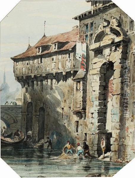 Fishermen Drawing Their Nets Outside A Portuguese Religious House, Venice. Oil Painting - Samuel Prout