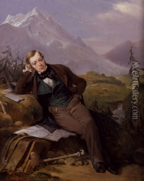 Portrait Of A Young Man Resting In A Mountainous Landscape Oil Painting - Heinrich Frederic Schopin
