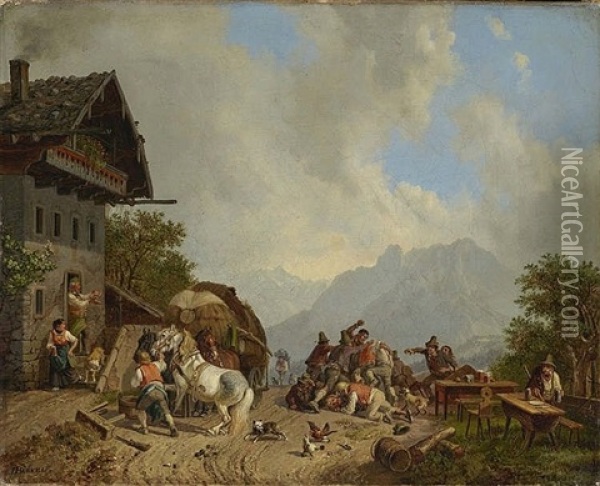 Fight In Front Of An Inn Oil Painting - Heinrich Buerkel