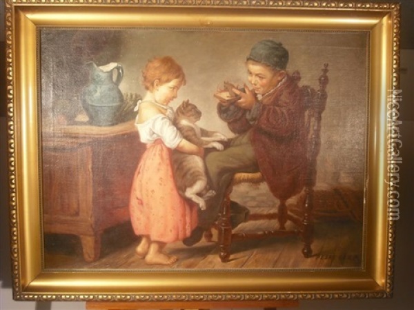 Deux Enfants Jouant Avec Un Chat Et Une Souris Oil Painting - Geza Peske
