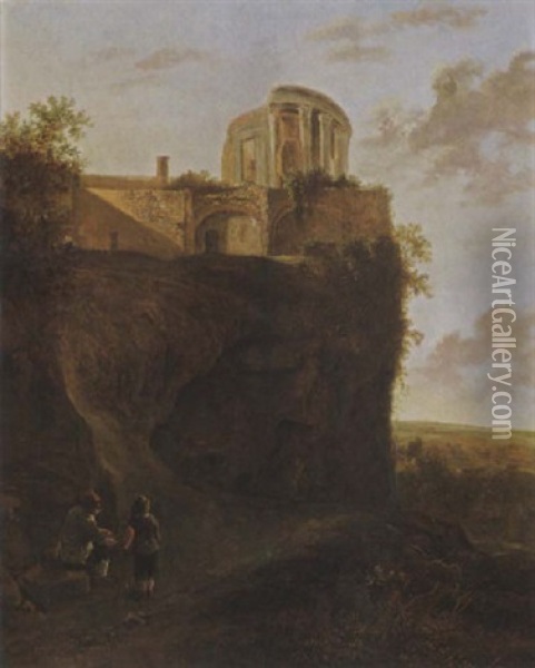 An Italianate Landscape With The Temple Of The Sibyl In Tivoli, And The Travellers Resting In The Foreground Oil Painting - Adriaen van Eemont