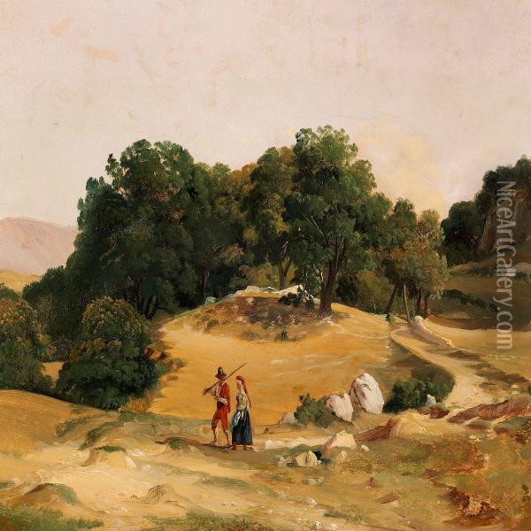 Italian Landscape With Ayoung Couple On A Path Oil Painting - Fritz Petzholdt