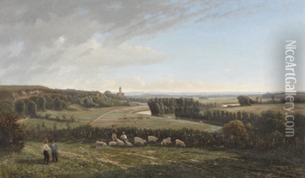 Landschaft Mit Fluss, Dorf Und Figurenstaffage Oil Painting - Francisque Jean Schaeffer-Berger