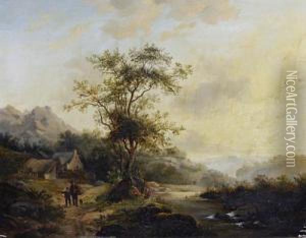 Travellers On A Country Lane Oil Painting - Andreas Schelfhout