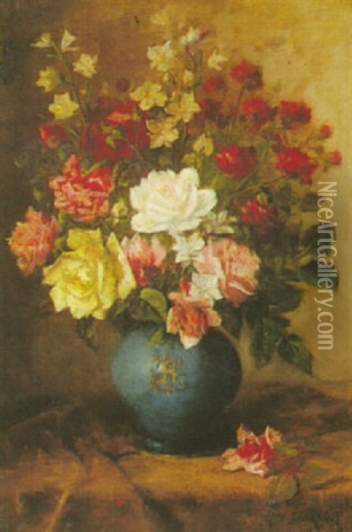 Flowers In A Blue Vase Oil Painting - Jules Felix Ragot