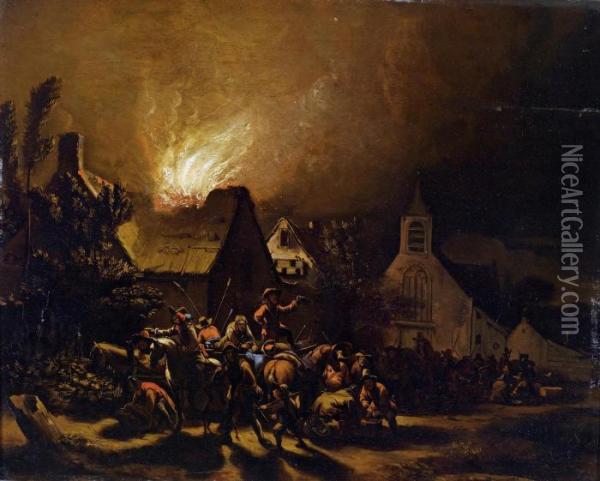 Marauders Outside A Burning Village Oil Painting - Egbert van der Poel