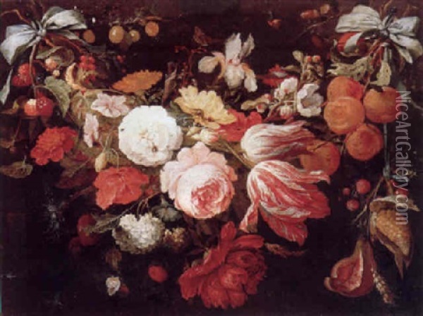 A Swag Of Flowers And Fruit With Caterpillars, Beetles, Butterflies And A Snail Oil Painting - Abraham Mignon