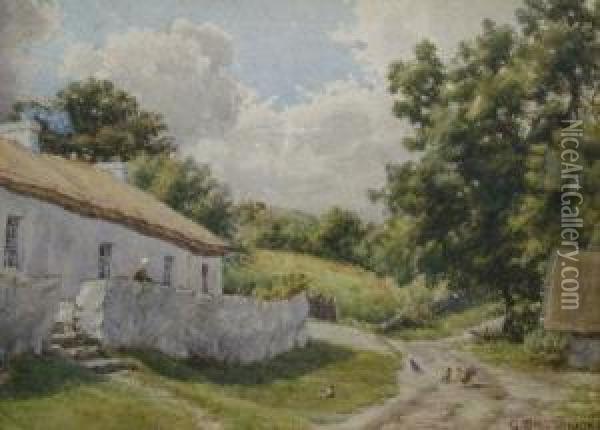 Fowl And Figure Outside An Irish Crofters House Oil Painting - George Trobridge