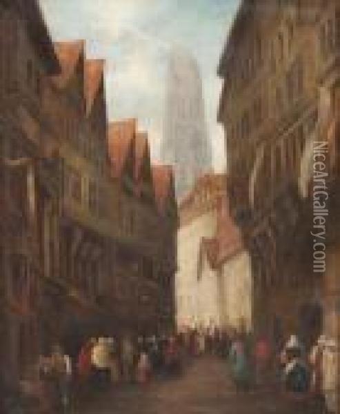 Seitengasse In Rouen Mit Blick Auf Kathedrale Oil Painting - Henry Thomas Schafer