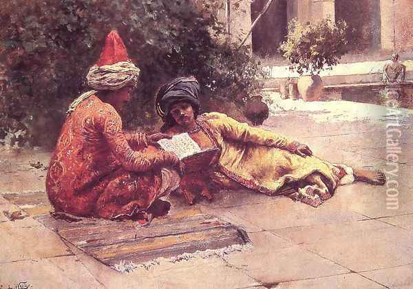 Two Arabs Reading In A Courtyard Oil Painting - Edwin Lord Weeks