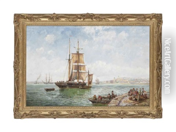 A Trading Brig Drifting Into A Continental Harbour Oil Painting - Charles John de Lacy