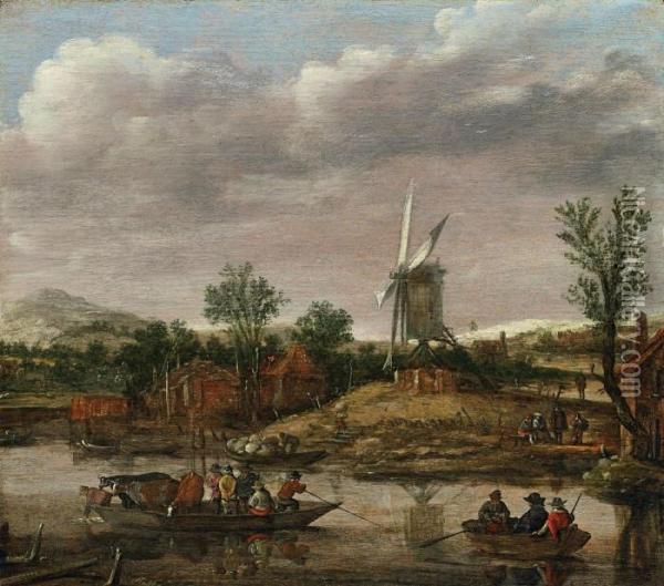 Flusslandschaft Mit Fahre Und Windmuhle Oil Painting - Jan van Goyen