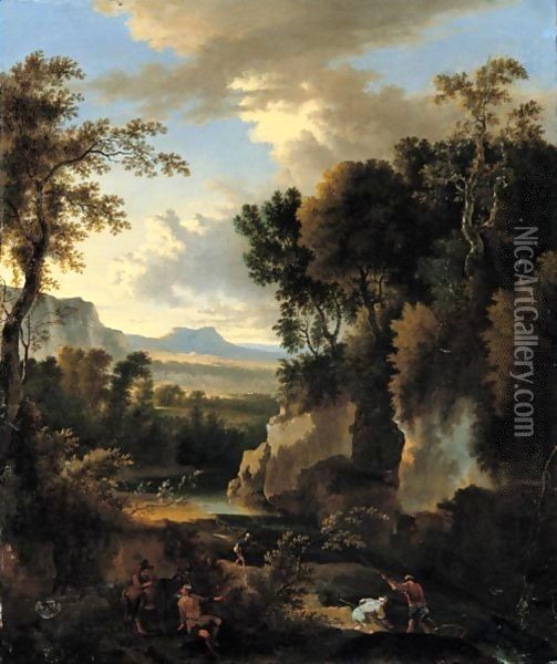A Wooded River Landscape With Fishermen And A Man With A Donkey In The Foreground Oil Painting - Jan Hackaert