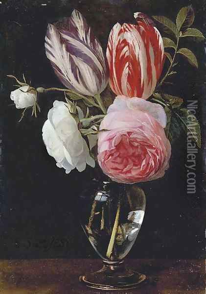 Two parrot tulips, two white roses and a pink rose in a glass vase on a wooden ledge Oil Painting - Daniel Seghers
