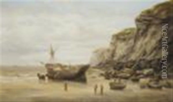Coastal Scene With Figures On A Beach Oil Painting - Henry Redmore