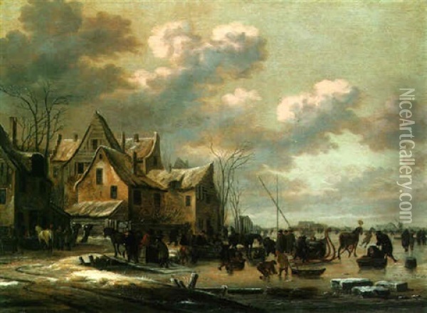 A Winter Townscape With Skaters On A Frozen Lake Oil Painting - Thomas Heeremans