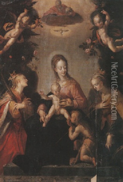 La Vierge Et L'enfant, Avec Dieu Le Pere, Le Saint Esprit Et Des Anges Adores Par Des Saints Oil Painting - Hans Von Aachen