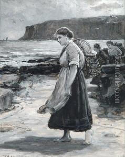 Study Of A Fisherwoman On A North East Shore Oil Painting - Robert Jobling