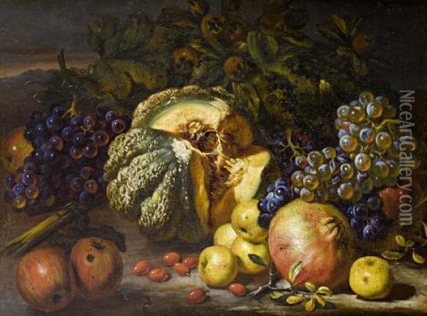 A Still Life Of Grapes, A Melon, Pomegranatesand Apples Oil Painting - Giovanni Battista Ruoppolo