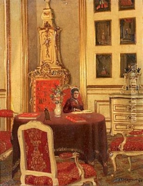 Interior With King Christian Ix (+ Queen Louise Sitting In Their Study; 2 Works) Oil Painting - Josef Theodor Hansen