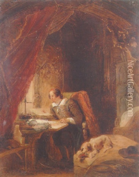 Hugo De Groot In His Study, Slot Loevensteijn Oil Painting - George Gillis van Haanen