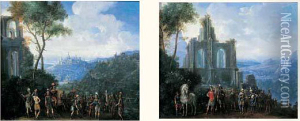 Haltes Militaires Devant De Vastes Paysages Panoramiques Oil Painting - Jean-Georges Berdot