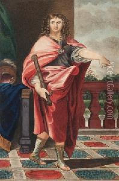 A Roman General, Standing On 
Tiled Balcony, Wearing Red Robes Over Armoured Breast Plate And Sandals,
 He Holds A Sword, A Blue Cape, Helmet And Green Curtain To The Left Oil Painting - George Perfect Harding