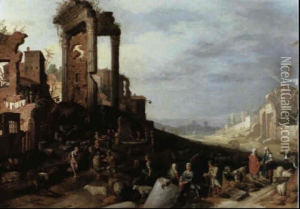 Figures And Their Livestock Resting On A Road Before A      Water Through Beneath Classical Ruins Oil Painting - Willem van Nieulandt the Younger