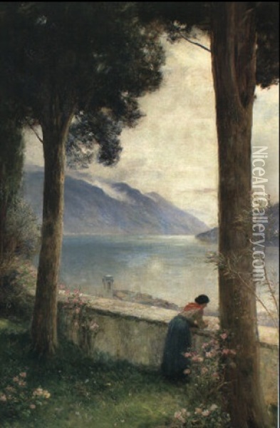 A Terrace, Lake Of Como, Morning Oil Painting - John MacWhirter