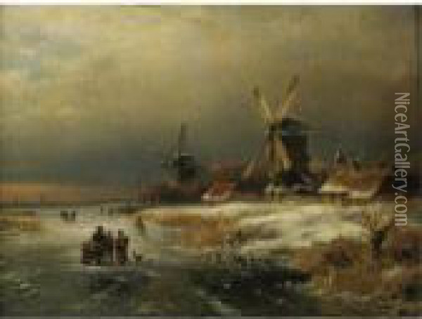 Ice Skating On A Frozen River Oil Painting - Lodewijk Johannes Kleijn