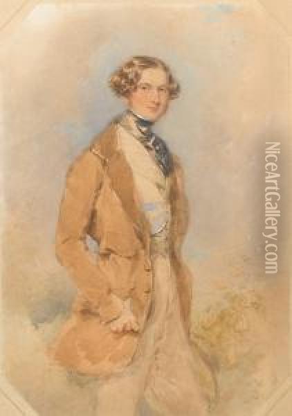 Stephen Ram (b.1819), Wearing 
Brown Frock Coatwith Buff Trousers, Striped Waistcoat And Tied Black 
Stock Withpin, A Broad Brimmed Top Hat In His Left Hand. Oil Painting - Francois Theodore Rochard