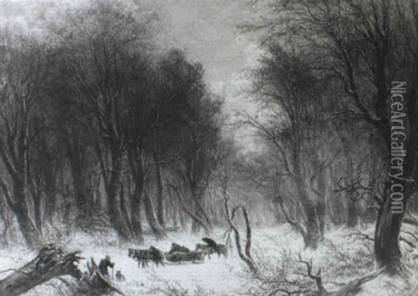 Winter Forest Landscape With Horse Sled And Travelers Oil Painting - Peter (Johann P.) Raadsig
