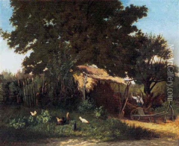 Thatched Roof Farm Shed And Animal Pen, With Farmer And Chickens Oil Painting - Alfred-Eugene Capelle
