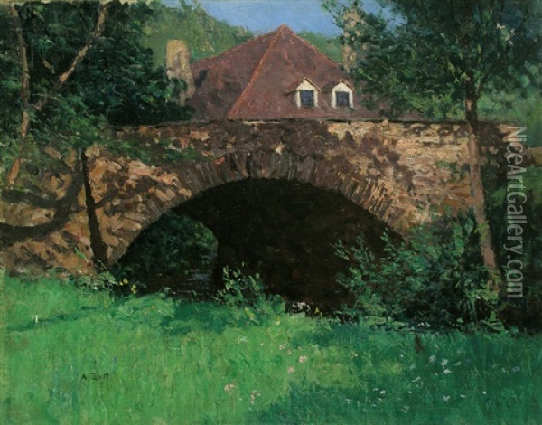 The Old Bridge Oil Painting - Alfred Zoff