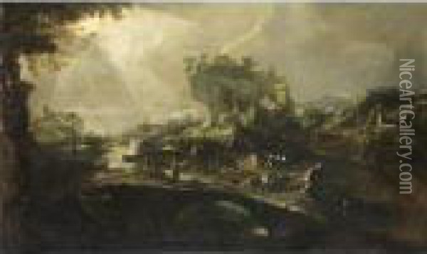 Paesaggio Fluviale Con Figure, Ponte E Imbarcazioni Oil Painting - Bartolomeo Pedon