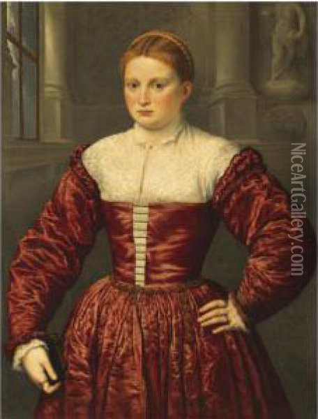 Portrait Of A Lady, 
Traditionally Believed To Be Of The Fuggerfamily, Standing Three-quarter
 Length Within A Palace Interior,wearing A Crimson Satin Dress And 
Holding A Prayer-book In Herright Hand Oil Painting - Paris Bordone