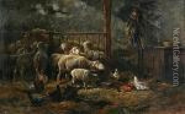 Sheep And Chickens In A Stable Oil Painting - Charles Emile Jacque