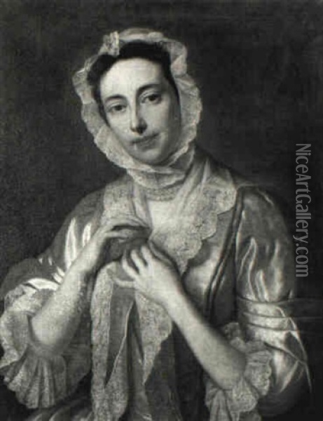 Portrait Of A Lady Wearing A Lace Bonnet Oil Painting - George Knapton